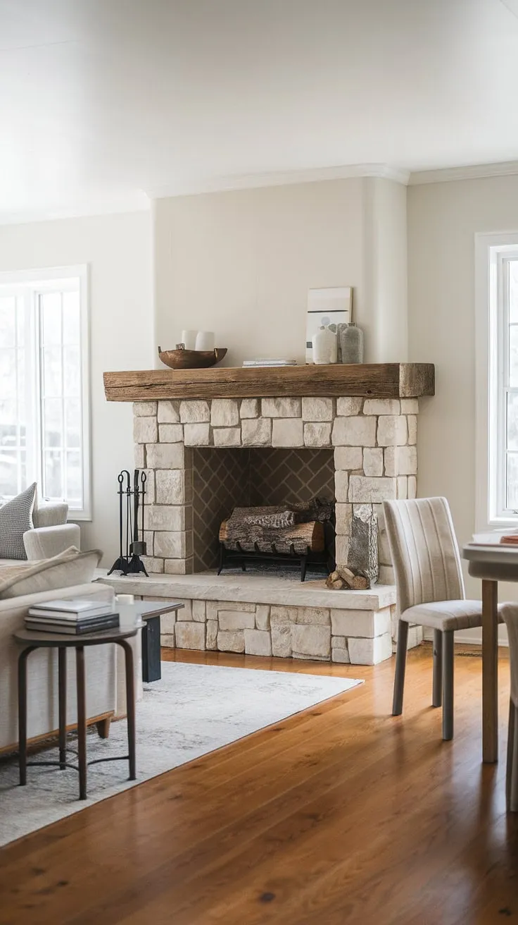 The warmth of this farmhouse fireplace perfectly complements the clean lines of our modern farmhouse living room.  A corner fireplace was the perfect solution, maximizing space and adding a touch of rustic elegance thanks to a recent fireplace remodel.