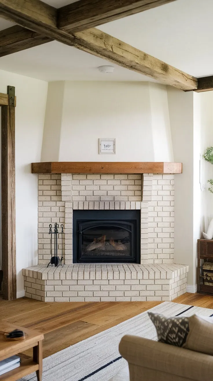 The warmth of a farmhouse fireplace remodel shines in this modern farmhouse living room.  The corner fireplace, with its beige brick and black insert, is the perfect focal point, creating a cozy atmosphere in this rustic yet refined space.