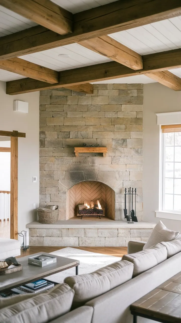 The perfect blend of rustic charm and modern design. This farmhouse fireplace remodel transformed a simple corner into a stunning focal point of this modern farmhouse living room.  The living room fireplace is now the heart of the home.