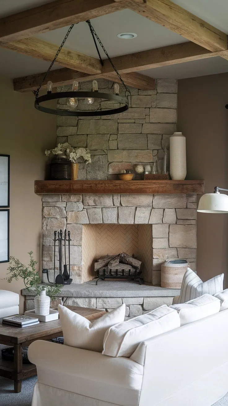 The warmth of a farmhouse fireplace remodel shines in this modern farmhouse living room.  The corner fireplace, a stunning focal point of natural stone, perfectly complements the rustic-chic aesthetic.