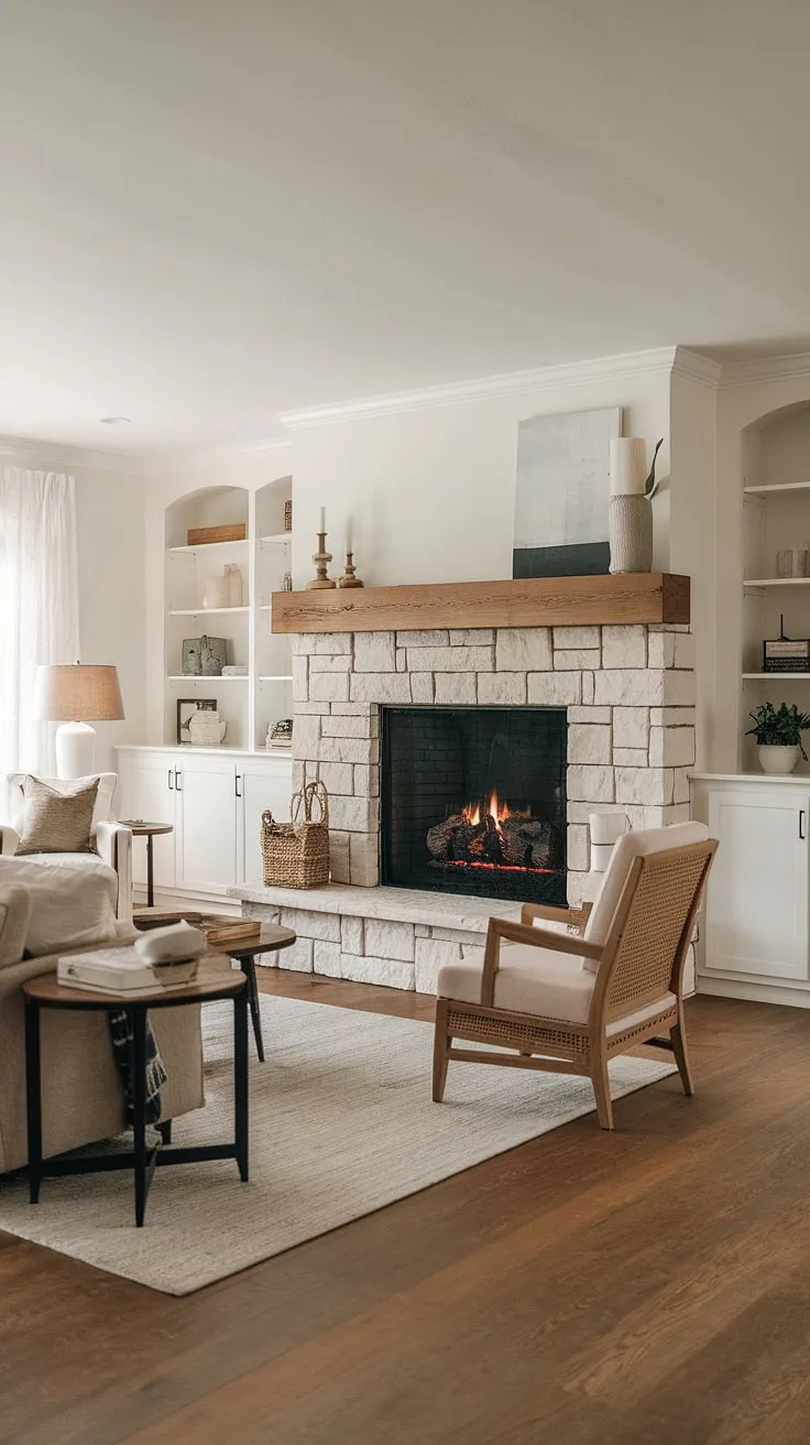 This modern farmhouse living room's corner fireplace is the heart of the home. The farmhouse fireplace, a result of a thoughtful fireplace remodel, adds warmth and character to this beautifully designed space.