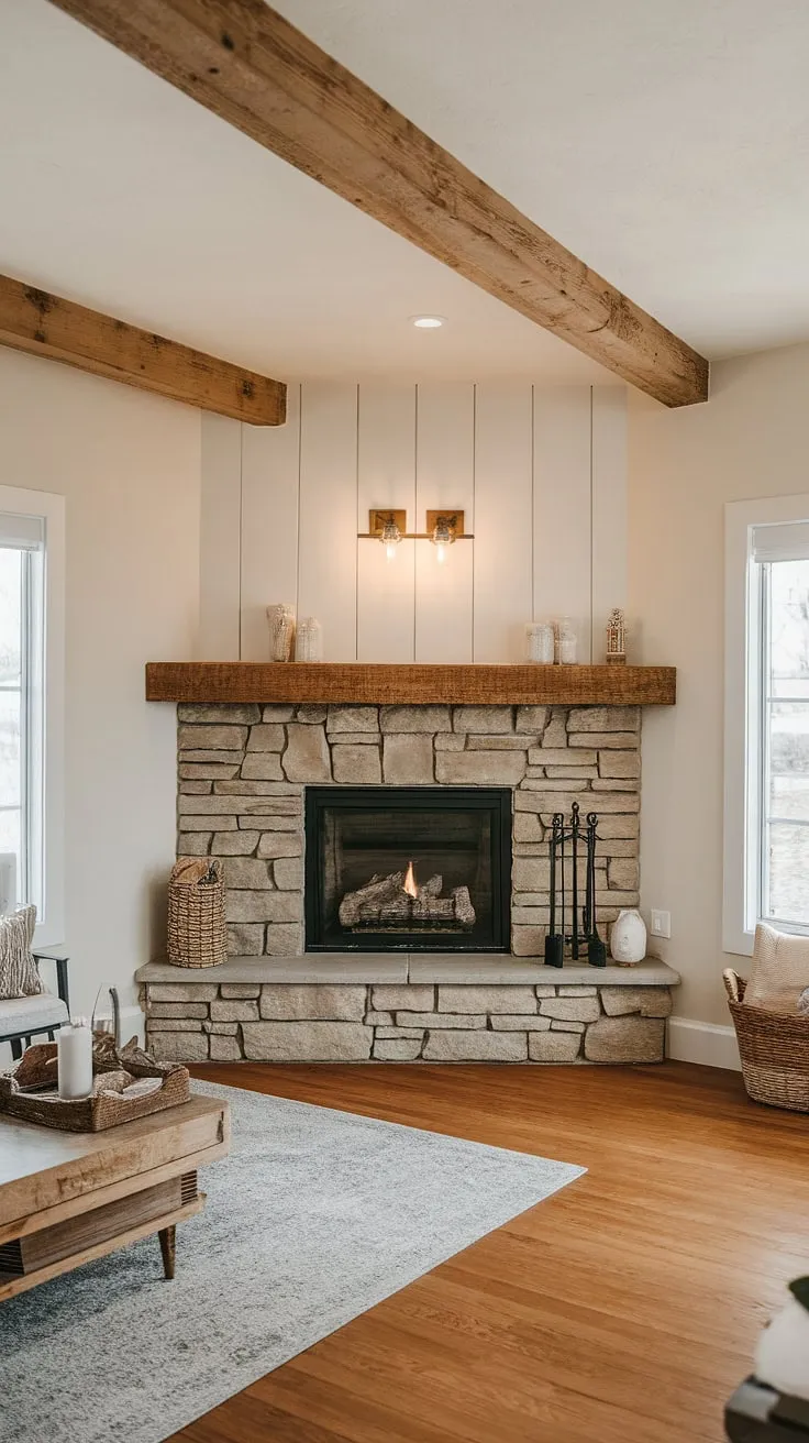 The warmth of this farmhouse fireplace anchors our living room.  Its placement in the corner maximizes space and creates a stunning focal point. This fireplace remodel was the best decision—it's the perfect addition to our modern farmhouse aesthetic.