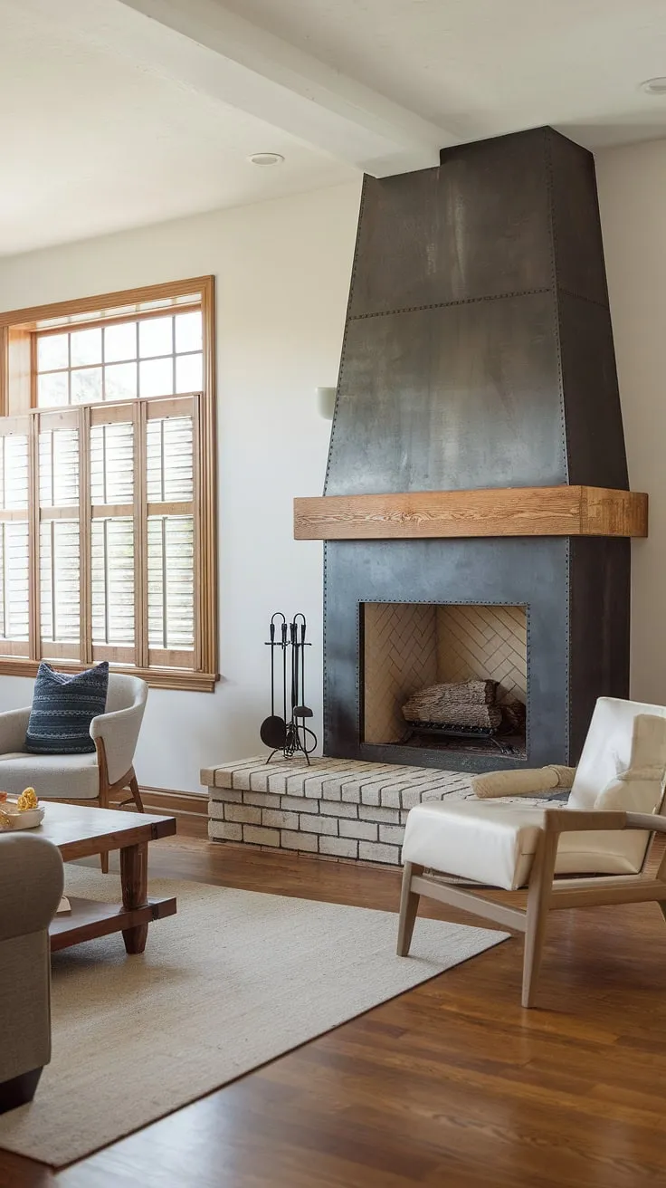 This corner fireplace is the heart of our modern farmhouse living room.  The fireplace remodel completely transformed the space, blending rustic charm with contemporary lines for a truly inviting atmosphere.