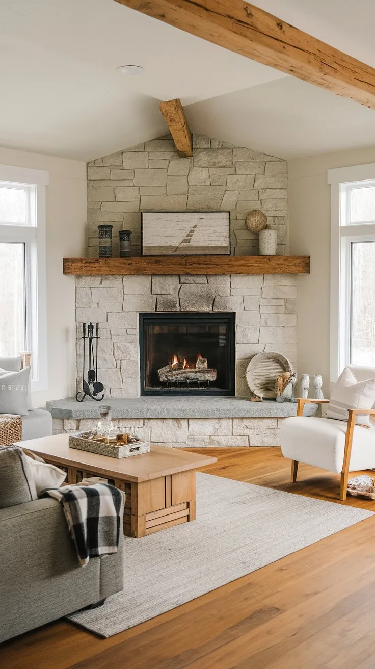 Cozy nights and crackling fires are guaranteed in this modern farmhouse living room, thanks to a stunning corner fireplace.  The fireplace remodel perfectly blends rustic charm with contemporary style, creating the heart of this inviting space.