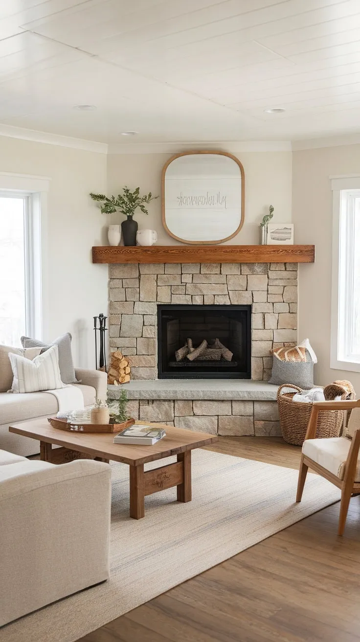 This farmhouse fireplace is the heart of this modern farmhouse living room.  The corner fireplace's stone and wood mantel create a focal point that's both inviting and sophisticated, a testament to thoughtful design and a successful fireplace remodel.