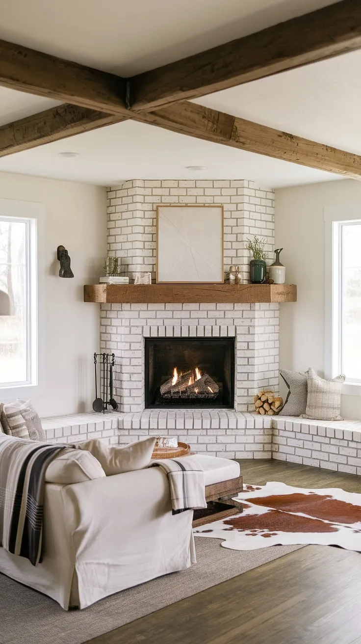 Cozy nights and crackling fires are made for this stunning modern farmhouse living room.  The fireplace remodel, featuring a beautiful white brick corner fireplace and rustic wooden mantel, is the heart of this space.