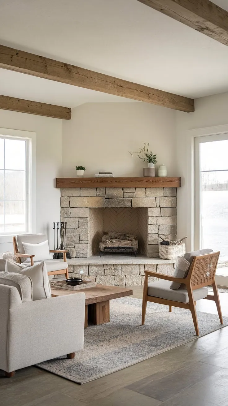 Cozy nights and crackling fires are guaranteed in this modern farmhouse living room, featuring a stunning corner fireplace. The fireplace remodel perfectly complements the exposed beams and creates the heart of this home.