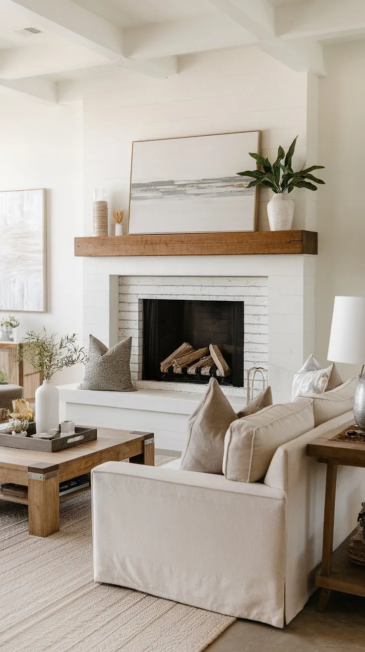 Cozy nights and warm gatherings are guaranteed in this modern farmhouse living room, anchored by a stunning corner fireplace.  The fireplace remodel perfectly complements the space, creating a heart-warming focal point.