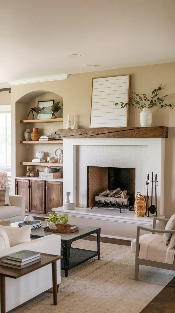 Cozy nights and crackling fires await in this modern farmhouse living room, featuring a stunning corner fireplace and a beautifully remodeled fireplace mantel. The perfect blend of rustic charm and contemporary style.
