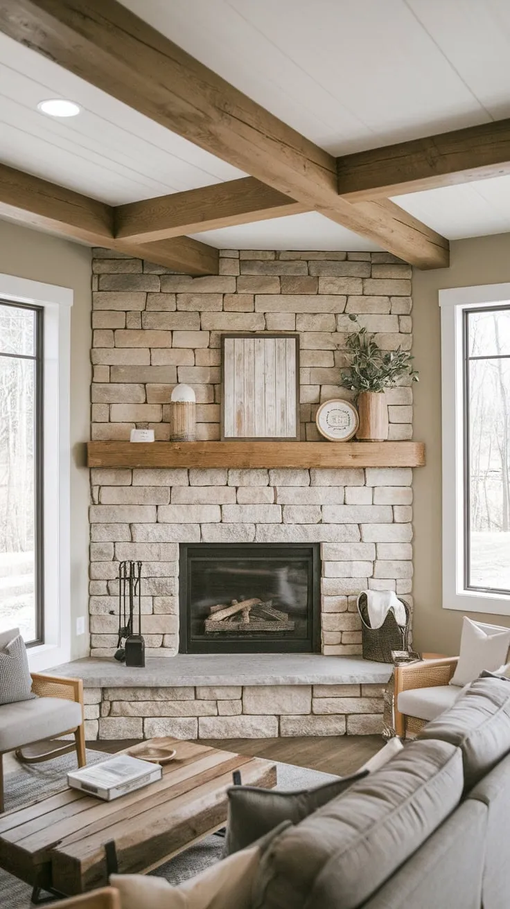 This corner fireplace is the heart of our modern farmhouse living room.  The fireplace remodel, featuring a sleek black insert, adds a touch of modern sophistication to the rustic farmhouse fireplace and its beautiful stone surround.  The perfect blend of comfort and style.