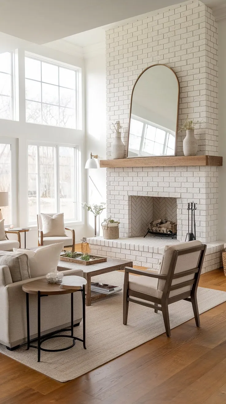 Sun-drenched comfort meets rustic charm in this modern farmhouse living room. The corner fireplace, a stunning focal point thanks to its recent remodel, adds warmth and character to the space.  A perfect blend of style and functionality.