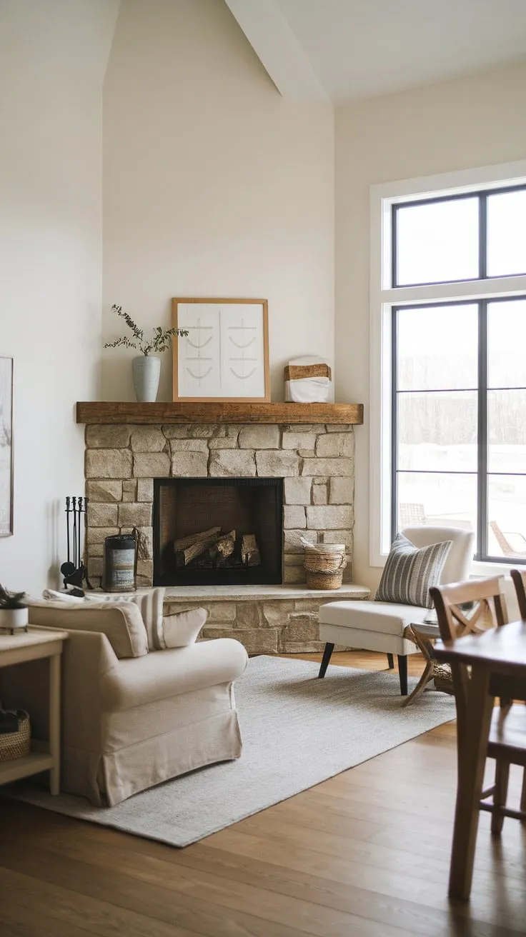 This farmhouse fireplace is the heart of this modern farmhouse living room.  A beautiful corner fireplace, the focal point of a sophisticated yet comfortable space, showcasing a successful fireplace remodel.