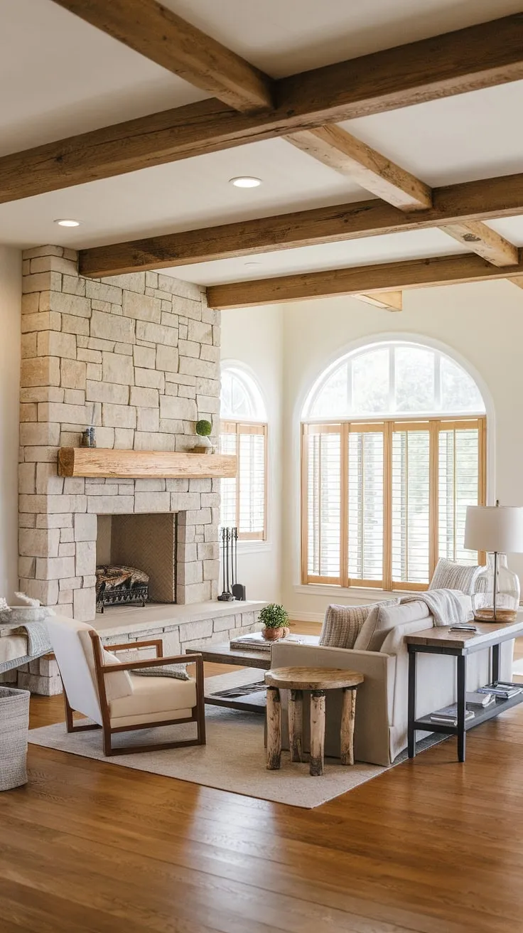 Cozy nights and crackling fires await in this modern farmhouse living room, featuring a stunning corner fireplace and a fireplace remodel that perfectly blends rustic charm with contemporary style.  The exposed beams and large window add to the inviting atmosphere.