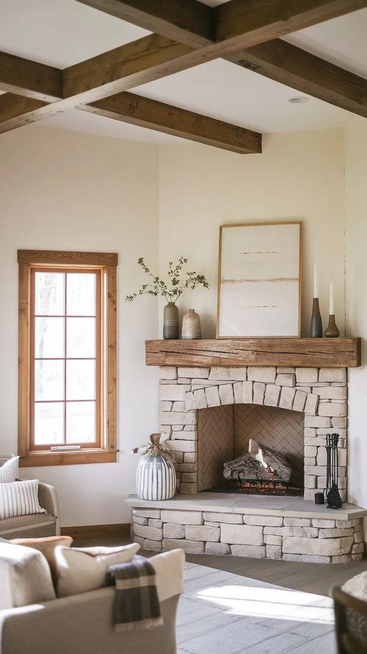 This fireplace remodel transformed a corner of this modern farmhouse living room into a cozy haven. The farmhouse fireplace, with its beautiful stone surround and wood mantel, is the perfect focal point, creating a warm and inviting atmosphere.