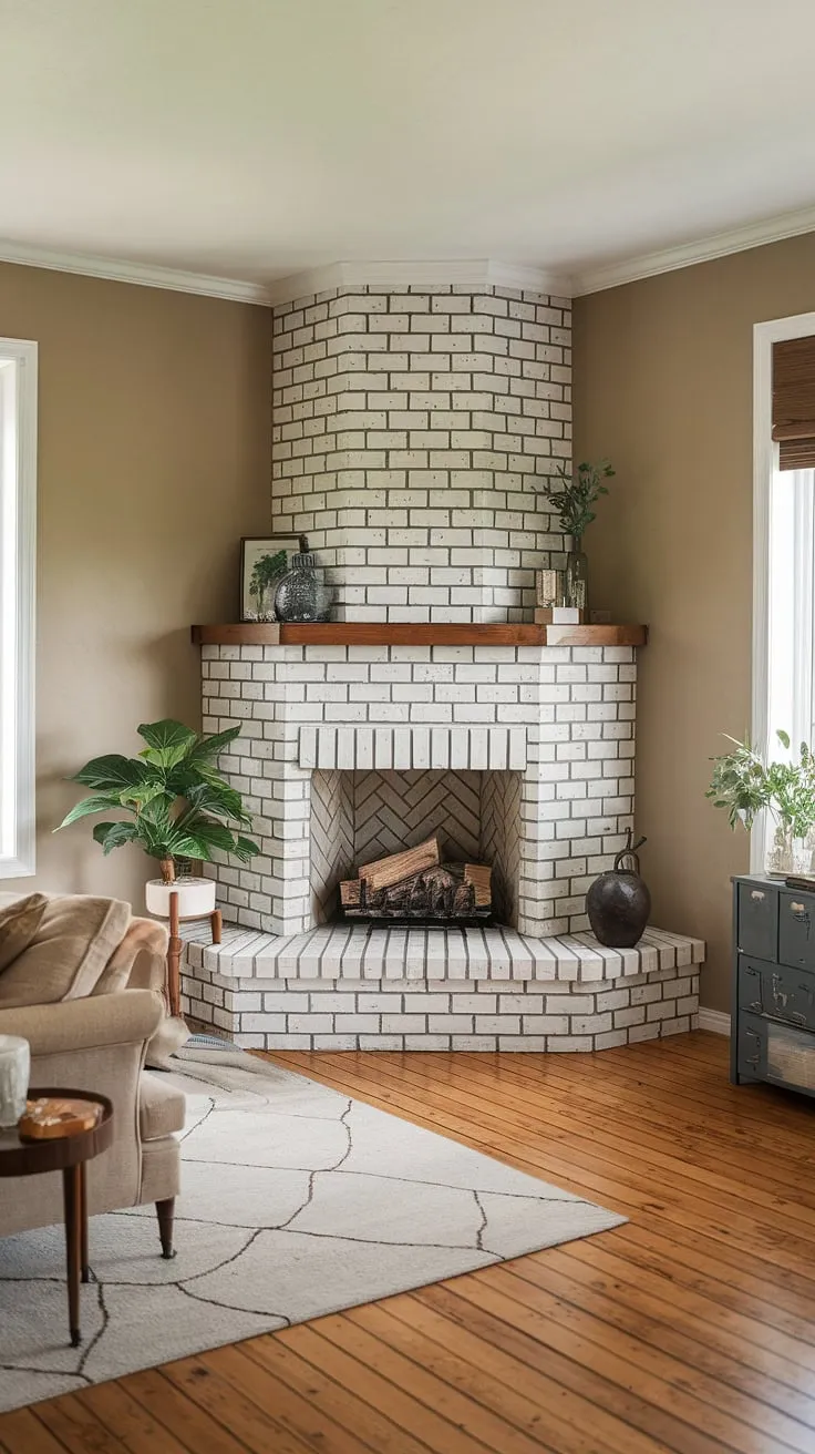 Cozy nights and crackling fires are guaranteed in this modern farmhouse living room, thanks to the stunning corner fireplace.  The farmhouse fireplace remodel is the heart of the space, adding warmth and character to the design.