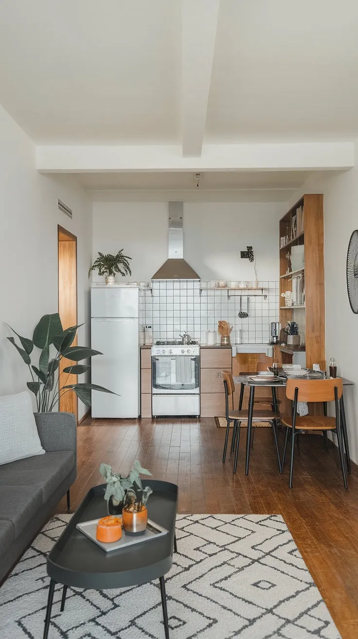 This minimalist interior design showcases the beauty of simplicity.  The open plan kitchen dining area flows seamlessly into the living room, creating a bright and airy dream house interior.  Find your next decoration inspiration in this perfectly balanced living room kitchen space.