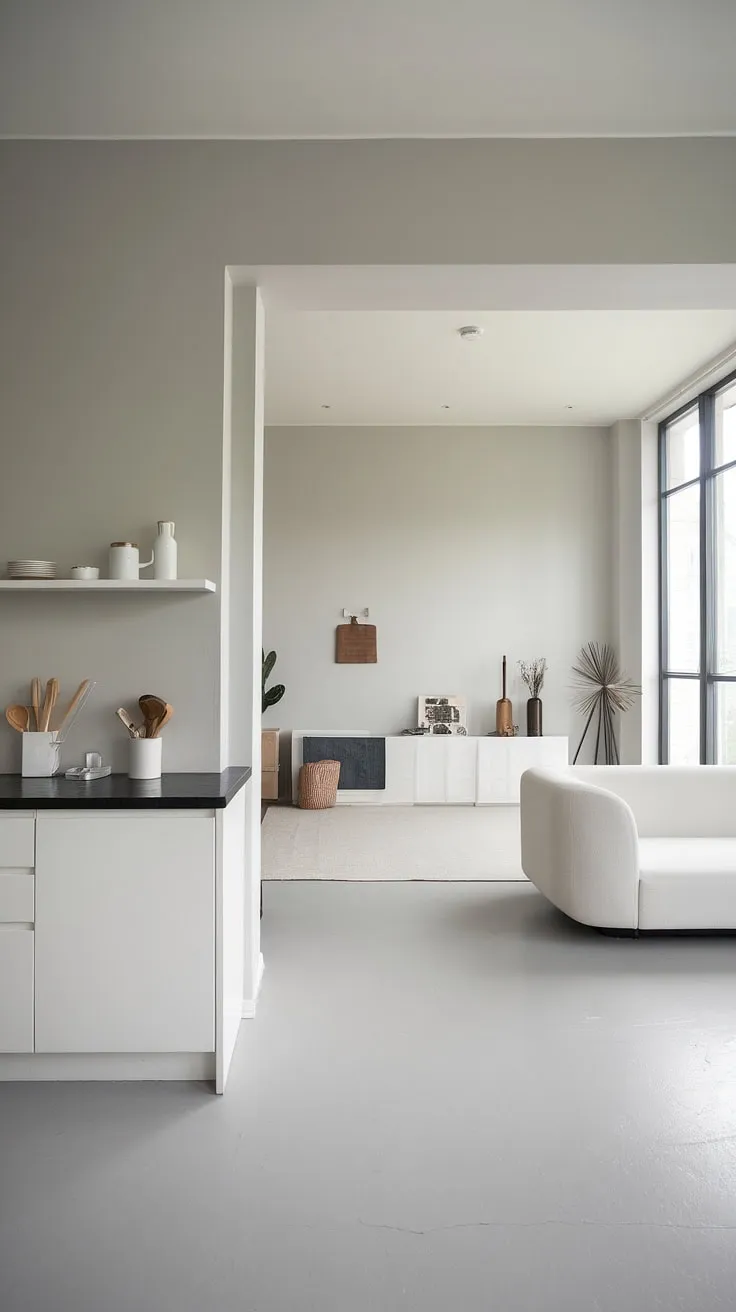 Clean lines, calming light, and a seamless flow between living room kitchen define this minimalist haven.  The open plan kitchen dining area is a masterclass in interior design minimalist style, offering endless decoration inspiration for your dream house interior.