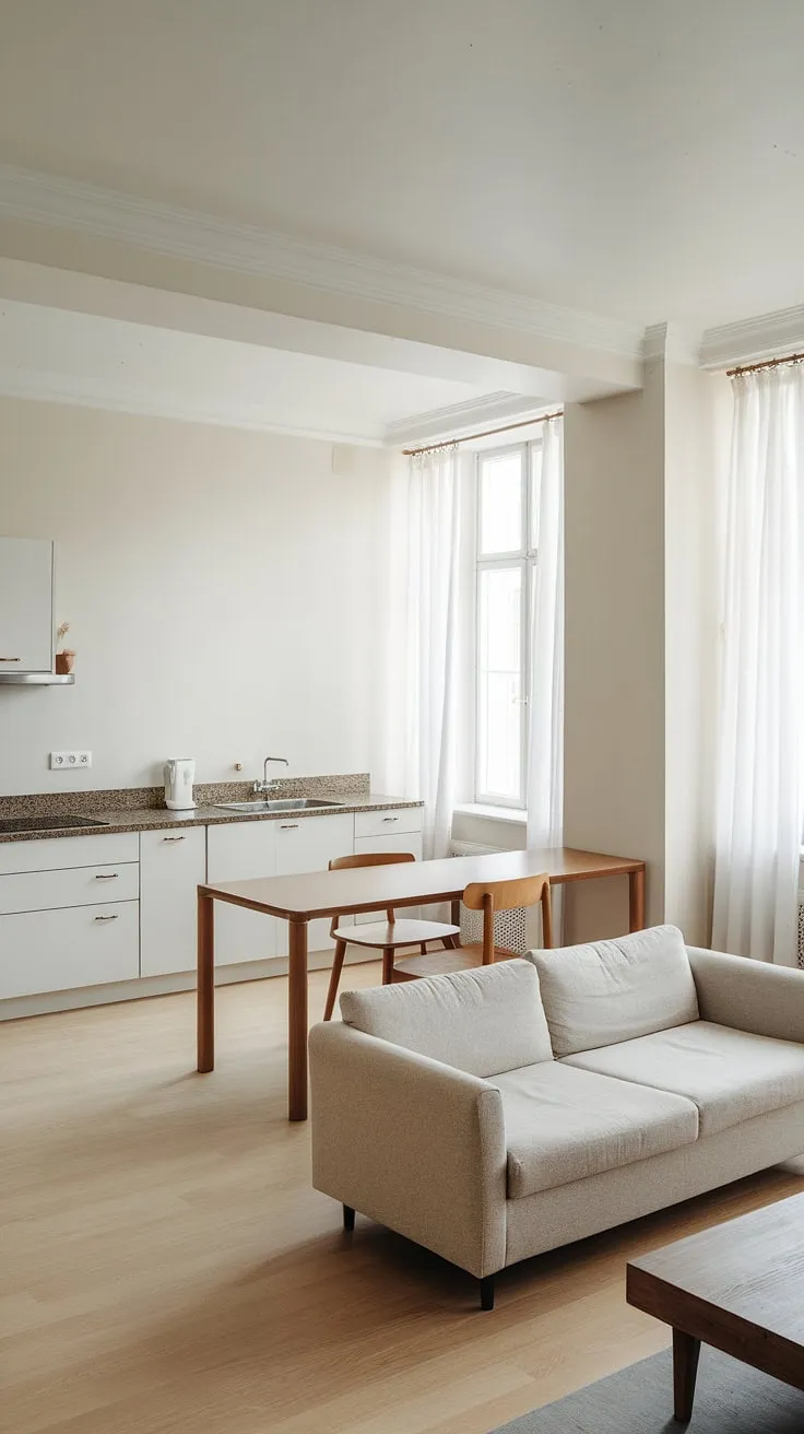 Sunlight streams into this dream house interior, highlighting the seamless flow between the living room kitchen and open plan kitchen dining area.  The minimalist interior design is both elegant and functional, offering endless decoration inspiration.