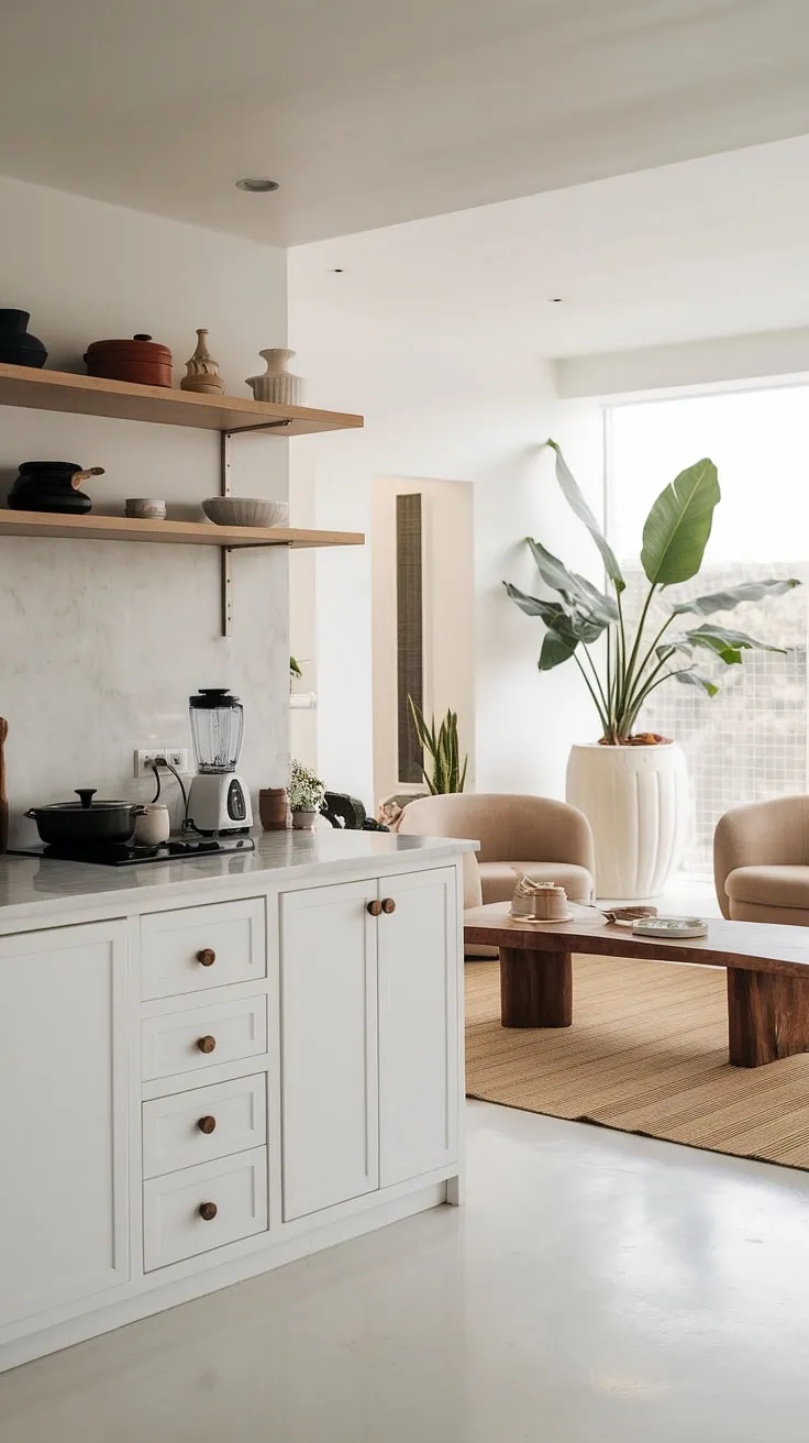 Imagine waking up in this dream house interior.  The minimalist design of the living room kitchen, featuring an open plan kitchen dining area, is effortlessly chic.  The subtle warmth of the wooden accents complements the crisp white walls and marble, offering a perfect blend of style and functionality. This is pure decoration inspiration.