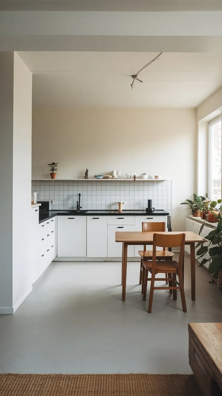 This open plan kitchen dining area is the epitome of minimalist interior design.  The white cabinets, black countertops, and light gray concrete flooring create a sophisticated and airy living room kitchen.  Find your decoration inspiration and start building your dream house interior today.