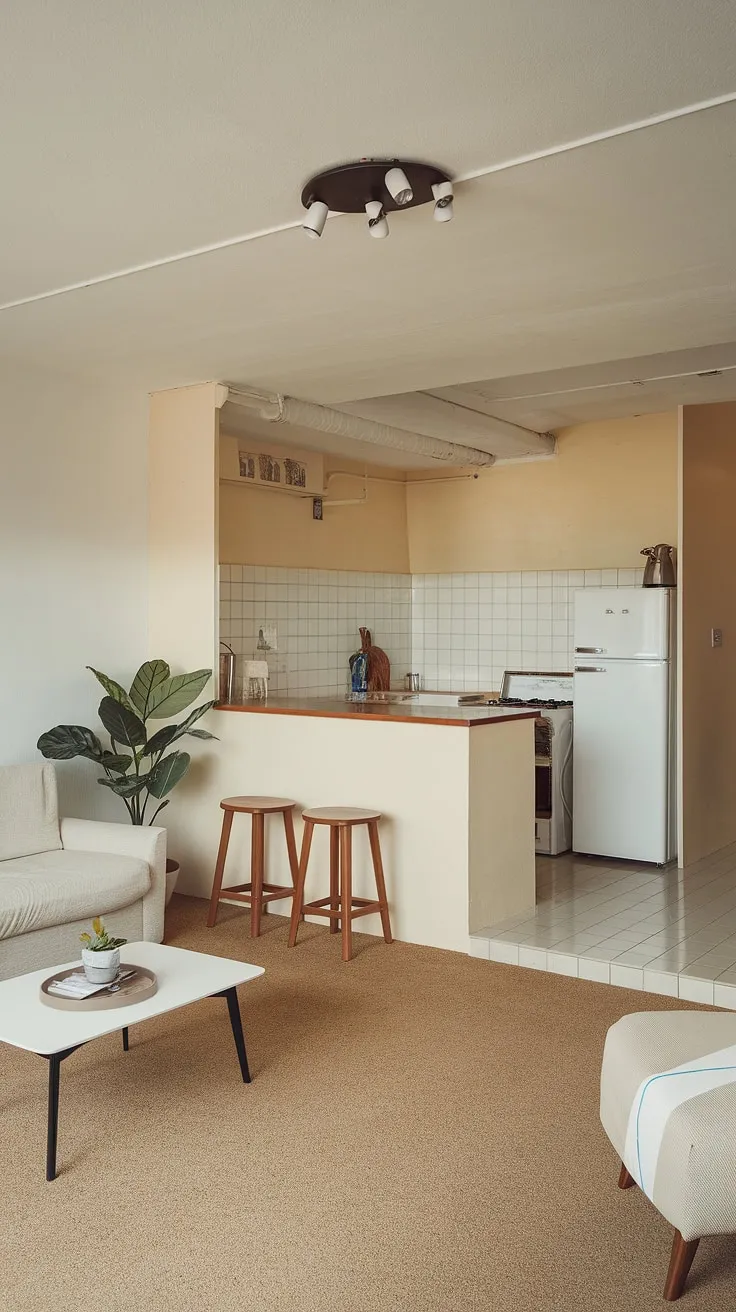 This minimalist interior design seamlessly blends living room and kitchen in an open plan layout, creating a bright and airy space.  The neutral color palette and simple lines offer endless decoration inspiration, making it a true dream house interior.