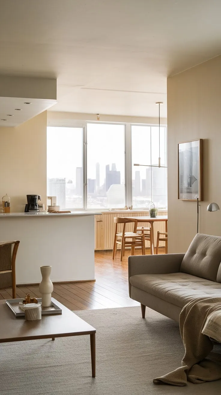 Dream house interior achieved:  This open plan kitchen dining space flows effortlessly into a minimalist living room, showcasing clean lines and a sophisticated aesthetic.  The subtle decorations and expansive window offering a stunning city view provide the perfect decoration inspiration for your own living room kitchen design.