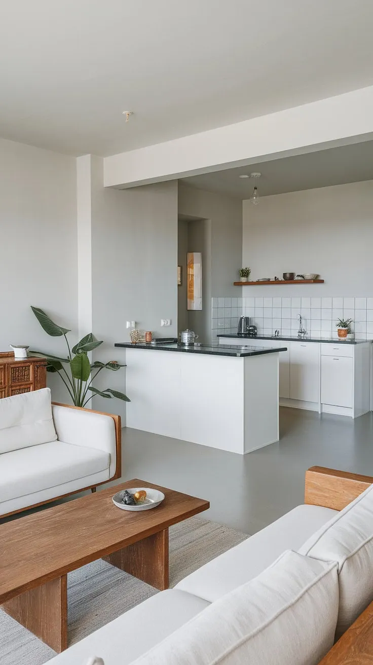 Clean lines and calming tones define this minimalist interior design. The open plan kitchen dining area seamlessly flows into the living room, creating a spacious and inviting atmosphere.  This dream house interior offers endless decoration inspiration for those seeking a sophisticated yet functional space.