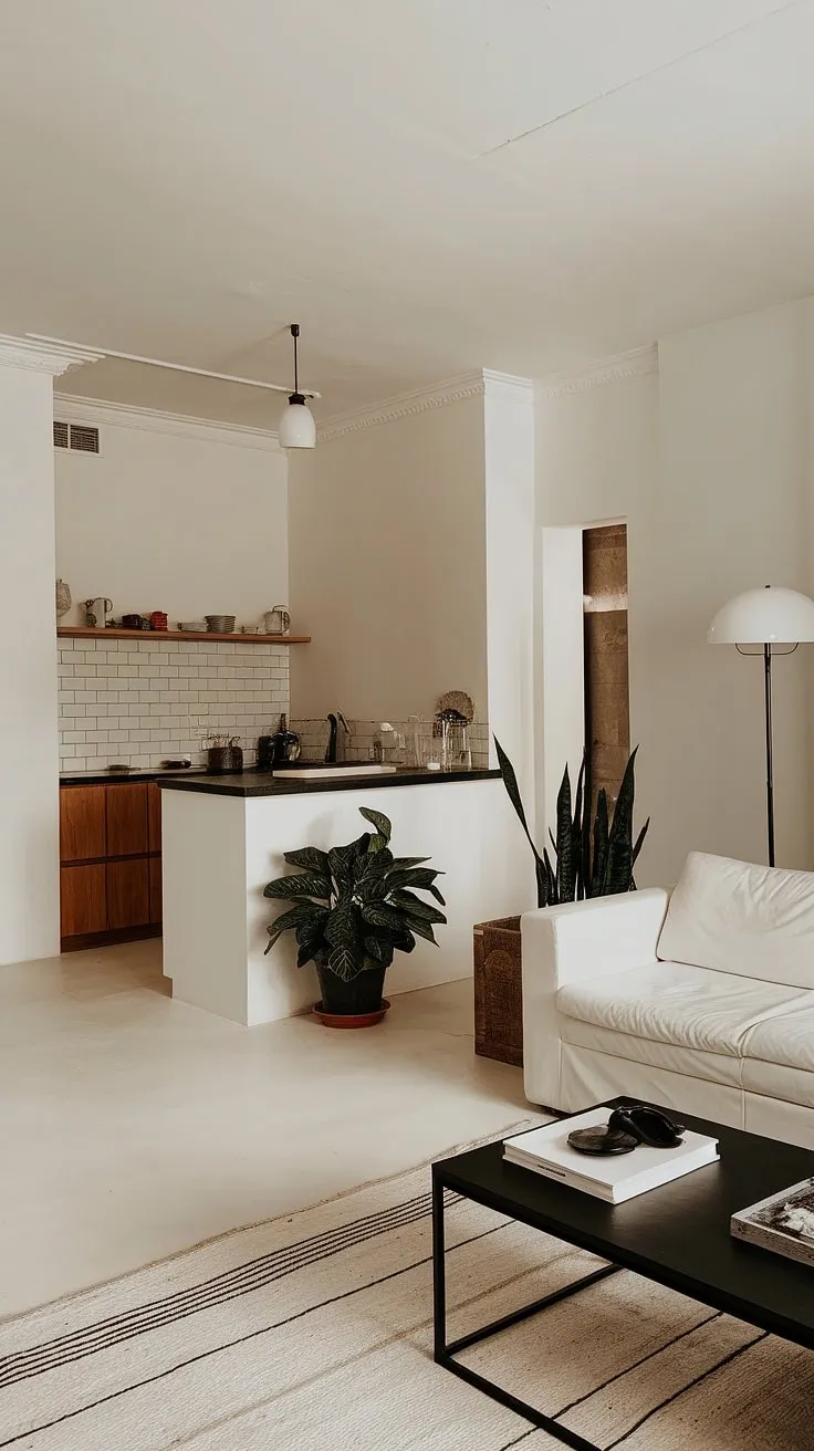 This stunning open plan kitchen dining space showcases the beauty of minimalist interior design.  The monochrome palette and strategic use of plants elevate this living room kitchen into a true dream house interior, offering endless decoration inspiration.