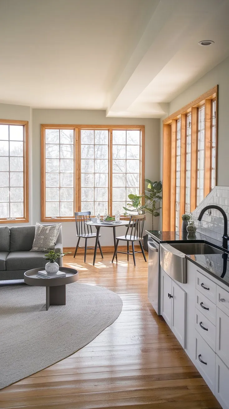 This minimalist dream house interior boasts a stunning open plan kitchen dining area, effortlessly connected to a cozy living room.  The light gray walls and wooden floors create a serene atmosphere, making it the ultimate decoration inspiration for your own home.