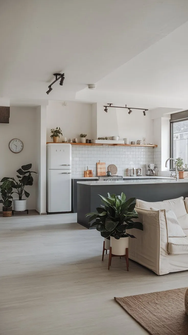 This minimalist living room kitchen is the epitome of modern living.  The clean lines, light grey tiles, and dark grey island create a sophisticated atmosphere.  This open plan kitchen dining design offers endless decoration inspiration for anyone dreaming of a dream house interior.