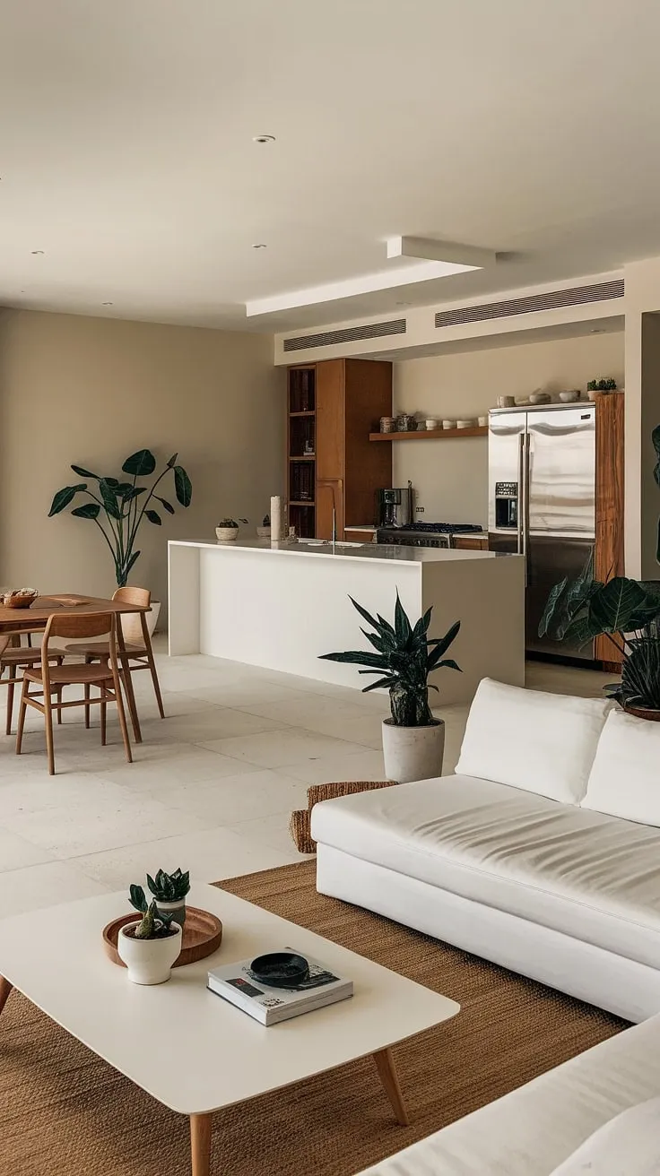 Clean lines and a neutral palette define this stunning open plan kitchen dining area. The minimalist interior design creates a calm and inviting atmosphere in this living room kitchen, making it the ultimate decoration inspiration for your dream house interior.