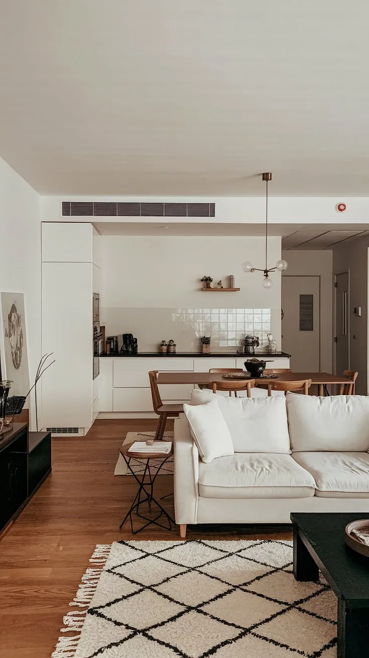 Clean lines and a seamless flow define this open plan kitchen dining area, showcasing minimalist interior design at its finest.  The living room kitchen's sophisticated simplicity offers endless decoration inspiration for your dream house interior.