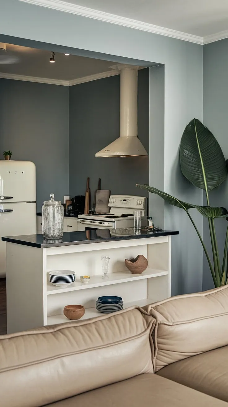 Dream house interior achieved:  This living room kitchen boasts a minimalist aesthetic with clean lines and a functional open plan kitchen dining layout. The white cabinetry, black countertops, and thoughtful touches provide the perfect balance of style and practicality, making it prime decoration inspiration.