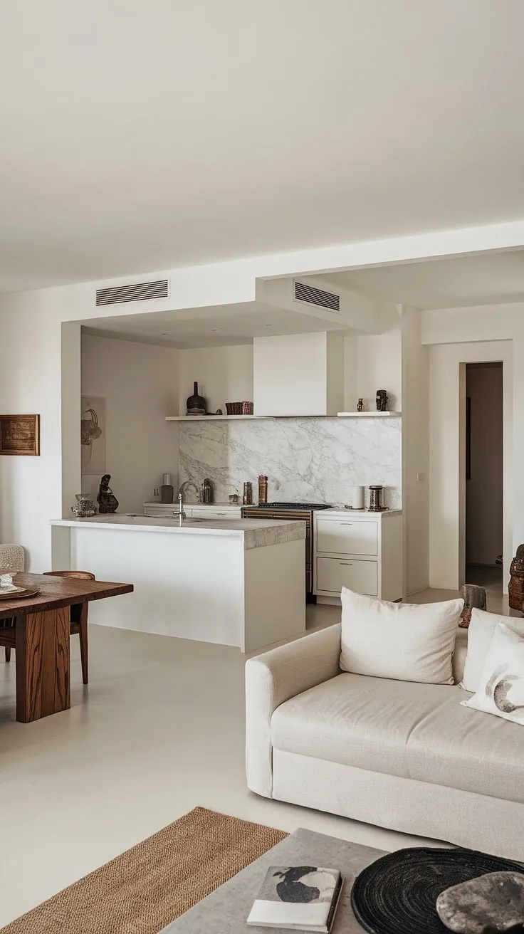 Clean lines, calming tones: This minimalist interior design seamlessly blends living room kitchen and open plan kitchen dining areas, creating a dream house interior that's pure decoration inspiration.