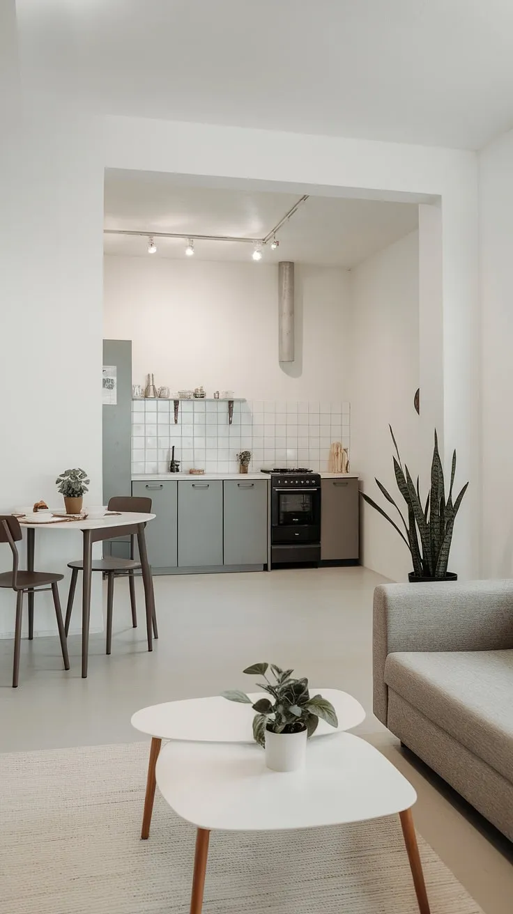 Sunlight streams into this dream house interior, showcasing a stunning example of minimalist interior design. The open plan kitchen dining area seamlessly blends a grey living room kitchen with a crisp white backdrop, offering endless decoration inspiration.