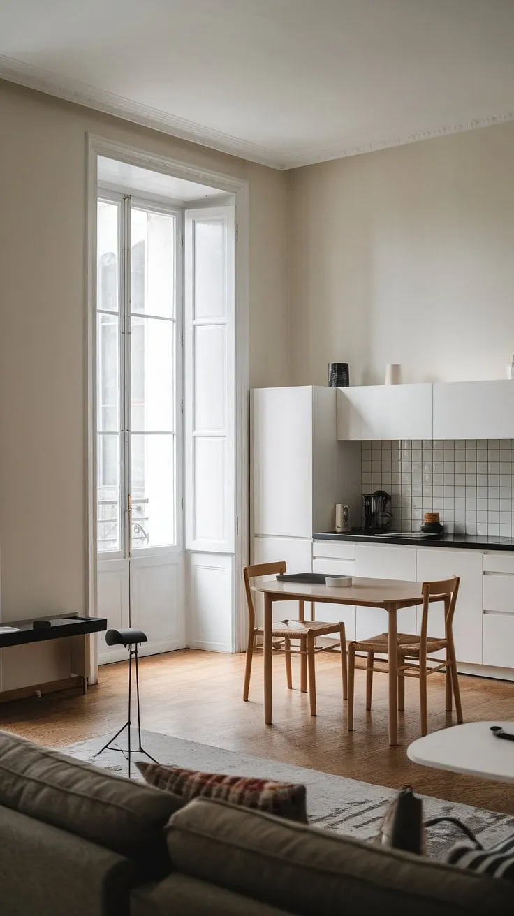 Sunlight streams into this open plan kitchen dining area, showcasing the beauty of minimalist interior design.  The clean lines, white cabinets, and black countertop create a sophisticated living room kitchen that's pure decoration inspiration for any dream house interior.