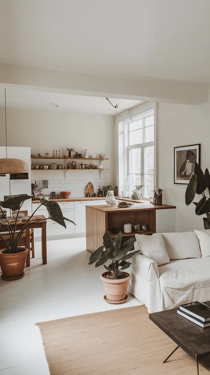 This minimalist interior design showcases a seamless flow between the open plan kitchen dining area and living room, creating a bright and airy space. The wooden island anchors the kitchen, while the white sofa and strategically placed plants add warmth and personality.  A perfect example of decoration inspiration for your dream house interior.