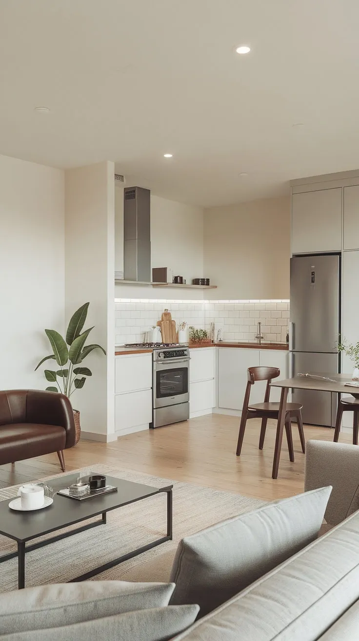 Clean lines, calming light, and seamless flow: this open plan kitchen dining area is the epitome of minimalist interior design.  The living room kitchen seamlessly blends comfort and functionality, offering endless decoration inspiration for your dream house interior.