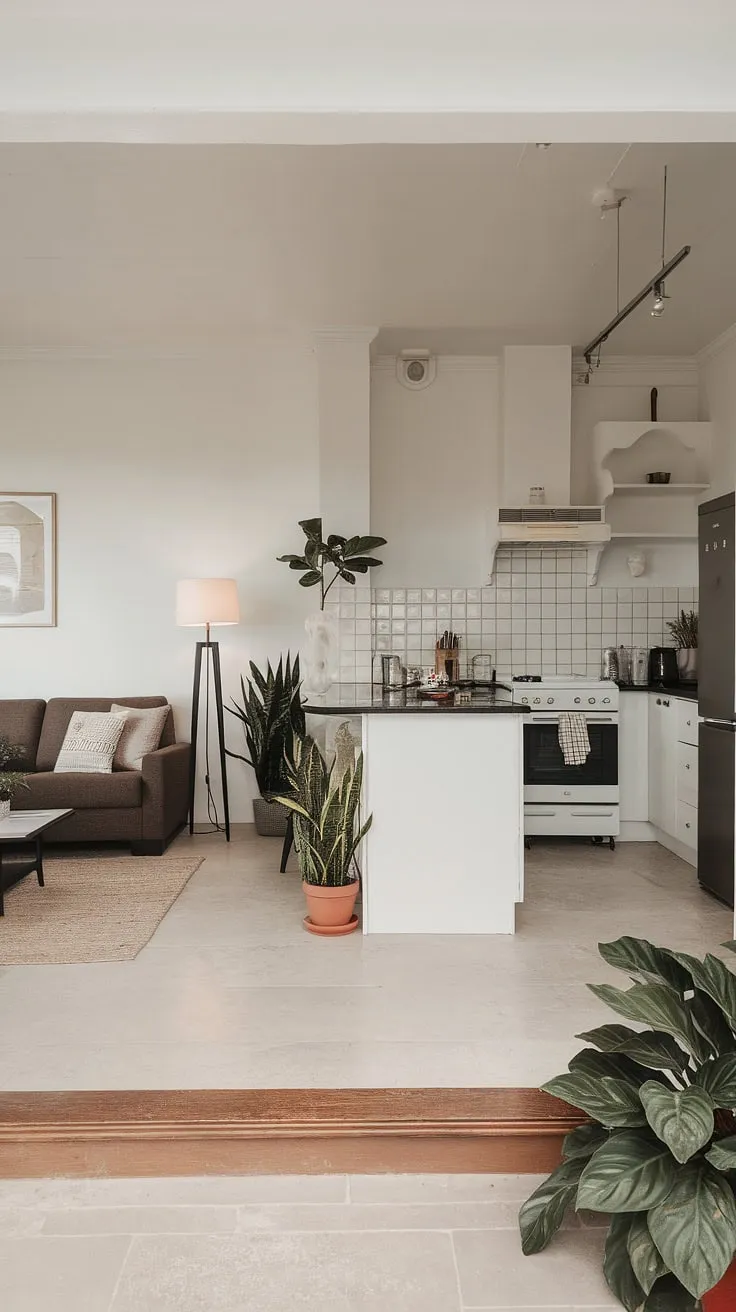 Dream house interior achieved! This open plan kitchen dining area showcases the beauty of minimalist interior design.  The living room kitchen blend is effortlessly chic, offering endless decoration inspiration for your own space.