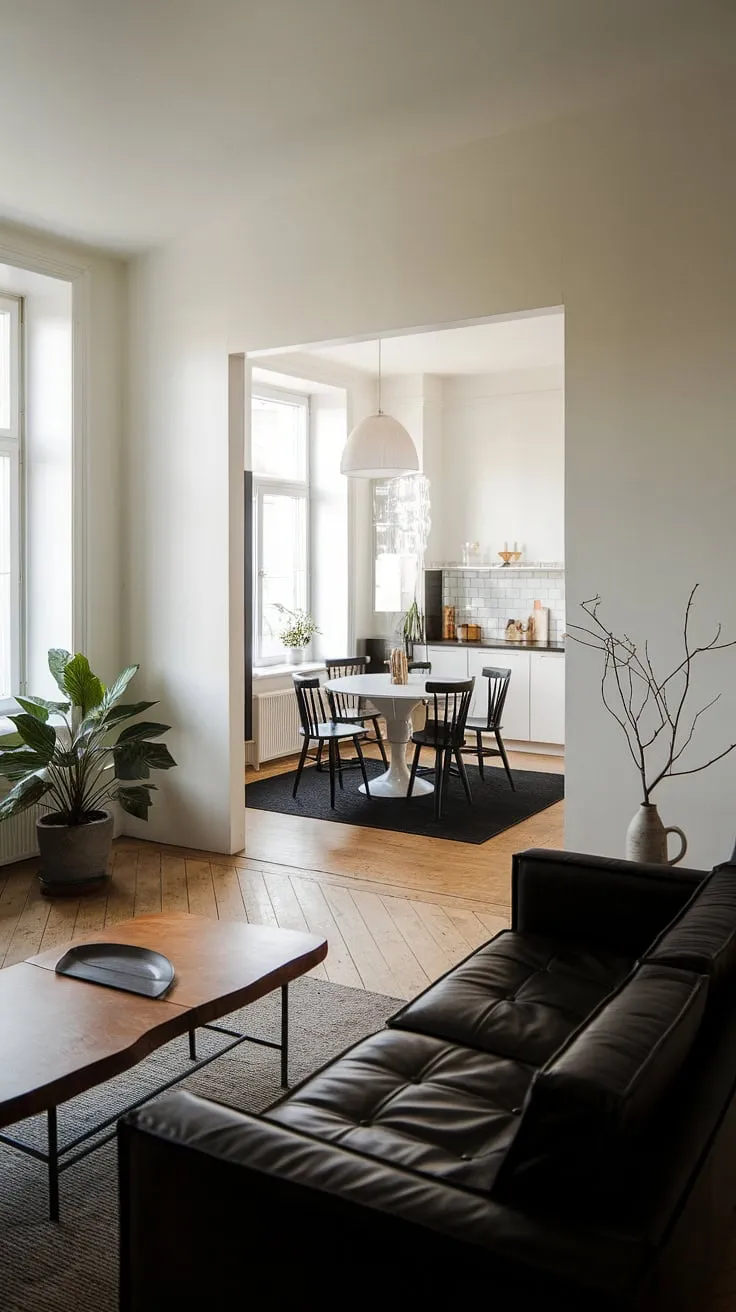 Sunlight streams into this dream house interior, highlighting the seamless flow between the minimalist living room and open plan kitchen dining area.  The black leather sofa anchors the living room, while the white kitchen cabinets and black countertops create a sophisticated contrast. This space is pure decoration inspiration for anyone seeking a clean, modern aesthetic.