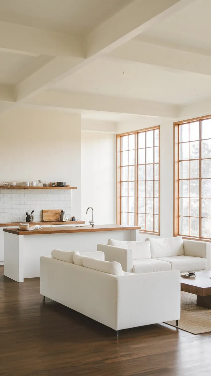 Sunlight streams through the large windows of this minimalist living room kitchen, showcasing the seamless open plan design.  The clean white palette, wooden countertops, and dark wood floors create a sophisticated and calming atmosphere – perfect decoration inspiration for your dream house interior.