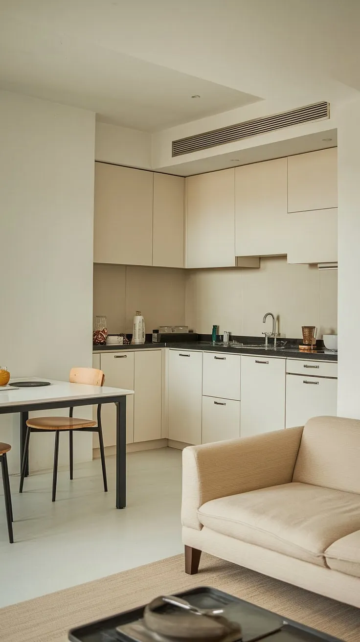 This open plan kitchen dining area is the epitome of minimalist living.  The living room kitchen combination is both functional and aesthetically pleasing, making it the ultimate decoration inspiration for your own dream house interior.