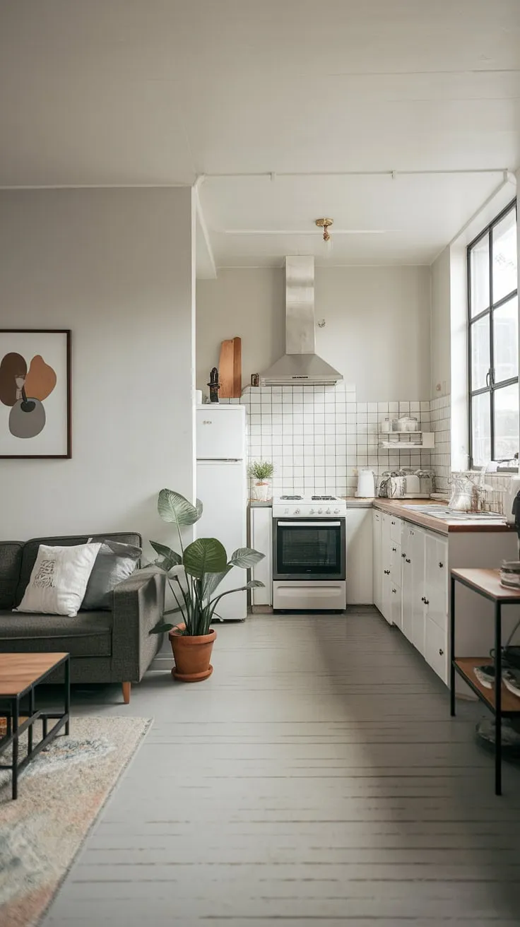 This open plan kitchen dining area is the epitome of minimalist living.  The living room kitchen combination is both functional and aesthetically pleasing, showcasing a sophisticated and calming space.  Find your next decoration inspiration in this dream house interior.