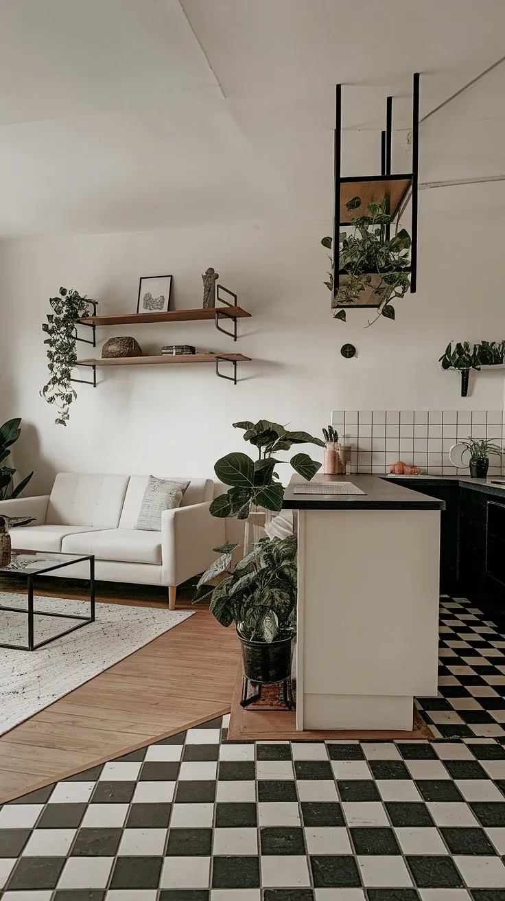 Dream house interior achieved! This open plan kitchen dining space showcases a minimalist interior design, effortlessly merging living room and kitchen.  Find your next decoration inspiration in this effortlessly chic space.
