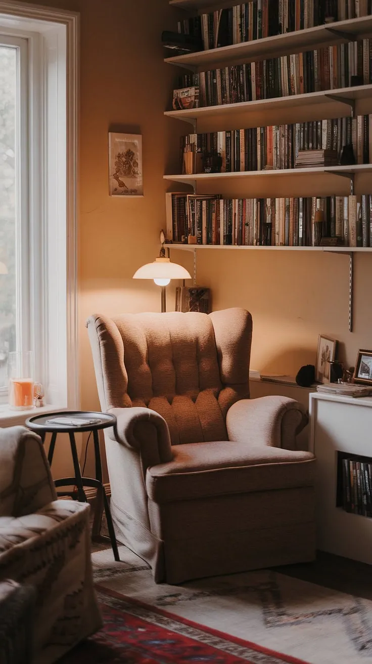 Transform a spare corner of your living room into a haven of tranquility with this cozy reading nook.  This small space library, complete with a plush armchair and a nearby bookshelf, offers the perfect quiet reading corner for escaping into a good book.  The warm lighting and comfortable living room design make this snug corner design an ideal example of compact living room ideas and home library ideas, proving that even small living room decor can create a relaxing reading area.
