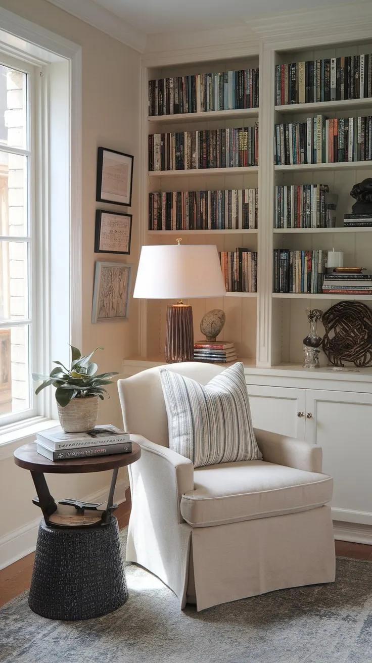 Escape to your own quiet reading corner in this cozy reading nook, a perfect example of compact living room ideas and comfortable living room design.  This small space library, nestled in a living room library corner, offers a relaxing reading area with a snug corner design and plenty of home library ideas for even the smallest living room decor.
