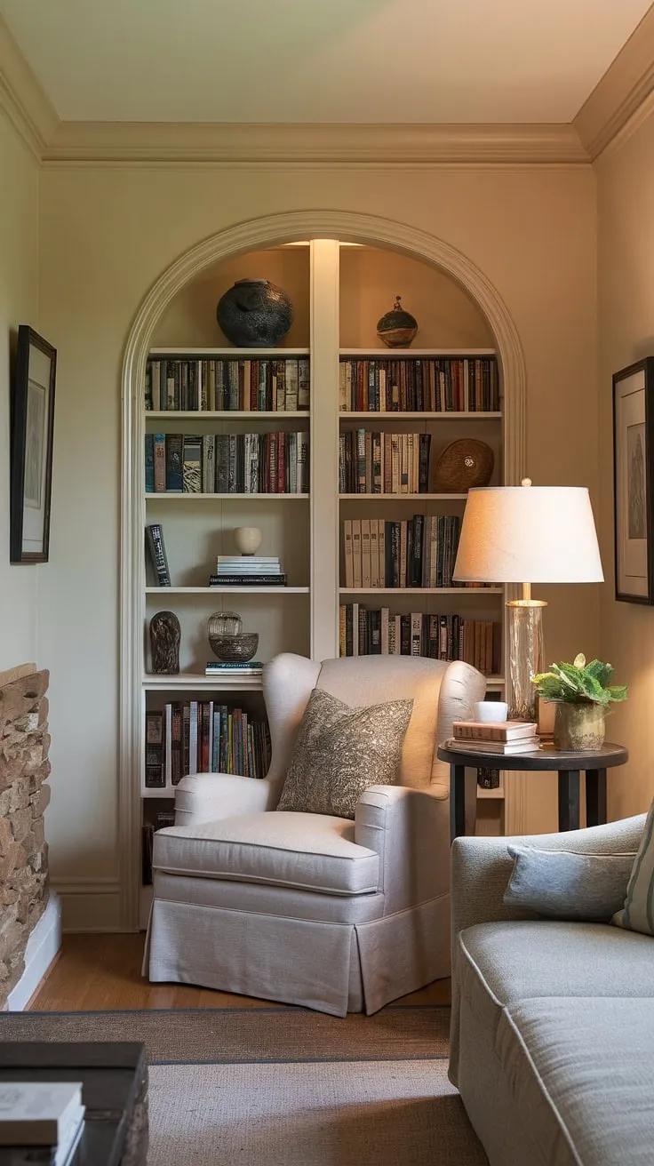 Escape to your own quiet reading corner in this cozy reading nook, a perfect example of compact living room ideas and snug corner design.  This small space library, tucked away in the living room library corner, offers a relaxing reading area within a comfortable living room design.  The home library ideas are simple yet effective, maximizing space and creating the perfect atmosphere for quiet contemplation.