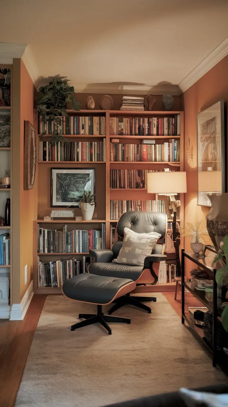 Escape the everyday in this quiet reading corner, a perfectly curated living room library corner.  This cozy reading nook, designed for ultimate relaxation, offers a comfortable living room design within a small space library.  Discover the joy of compact living room ideas with this snug corner design, a testament to how small living room decor can create a truly relaxing reading area.  Find inspiration for your own home library ideas in this inviting space.