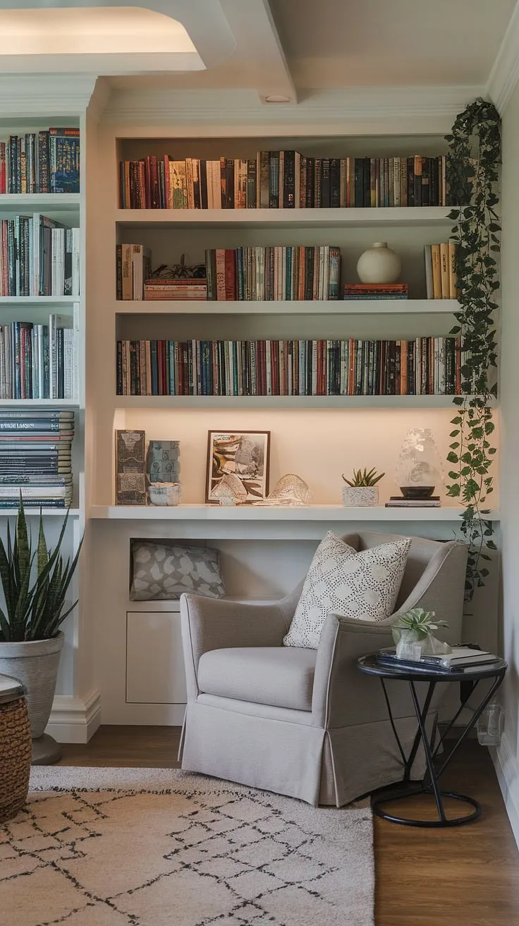 Escape the everyday in this cozy reading nook, a perfect blend of comfortable living room design and small space library.  The snug corner design, complete with a relaxing reading area and quiet reading corner, offers the ultimate home library ideas for even the smallest living room decor. This compact living room ideas solution transforms a living room library corner into a haven of peace.