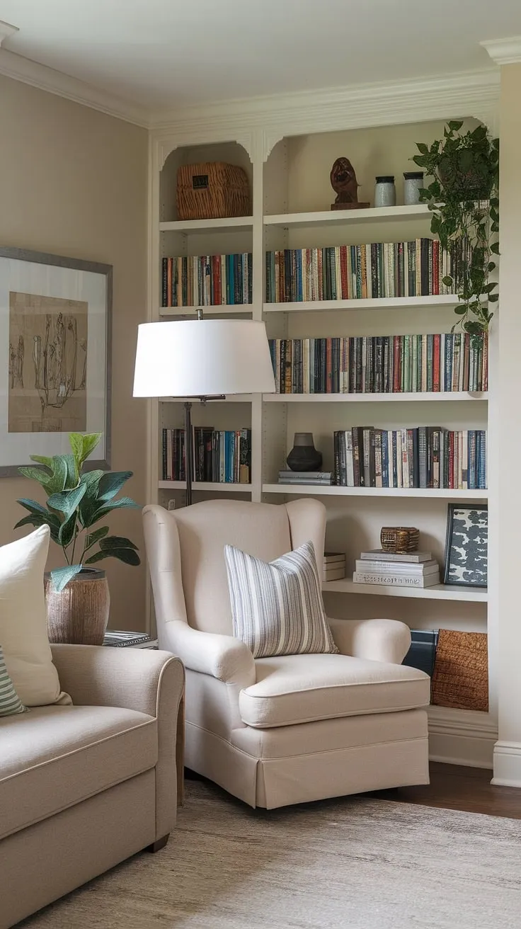 Escape to this cozy reading nook, a quiet reading corner tucked away in a small space library within the living room.  The comfortable living room design maximizes space with clever compact living room ideas, creating a relaxing reading area perfect for losing yourself in a good book. This snug corner design, a true home library idea, proves that even small living room decor can be incredibly inviting.